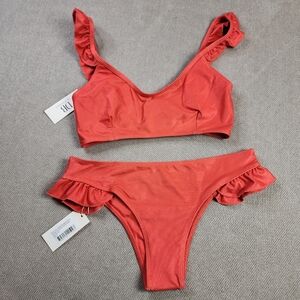 NWT Dream Bandits Sustainable Fire Red Orange Ruffle Trim Bikini Set Size Small